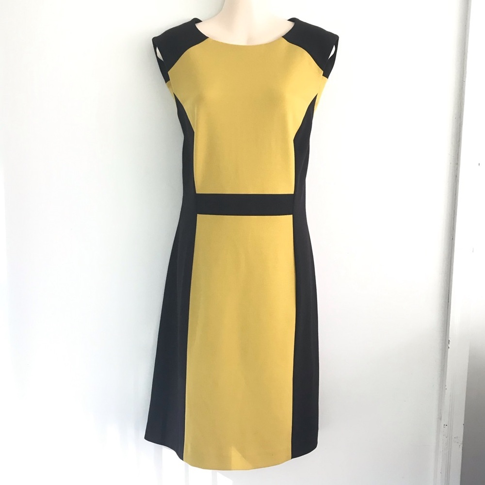 Tahari Womens Career Yellow Black Colorblock Sheath Dress 14 Business Casual